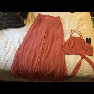 Coral chiffon two piece pant and halter set